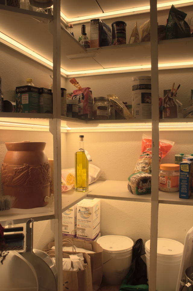 Pantry LEDs with no diffuser on bottom shelf's LED strip